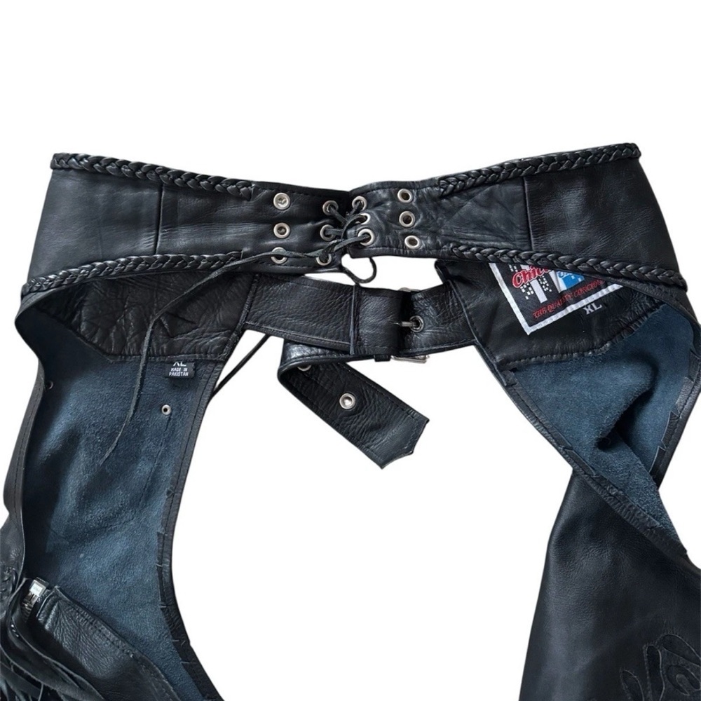 Vintage Chicago Blues Leather Fringe Motorcycle Biker Chaps Women’s XL Black - Picture 4 of 9
